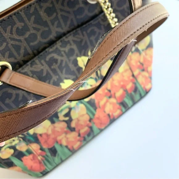 Calvin Klein Monogram Brown Floral Leather Chain Tote Bag - Picture 9 of 12